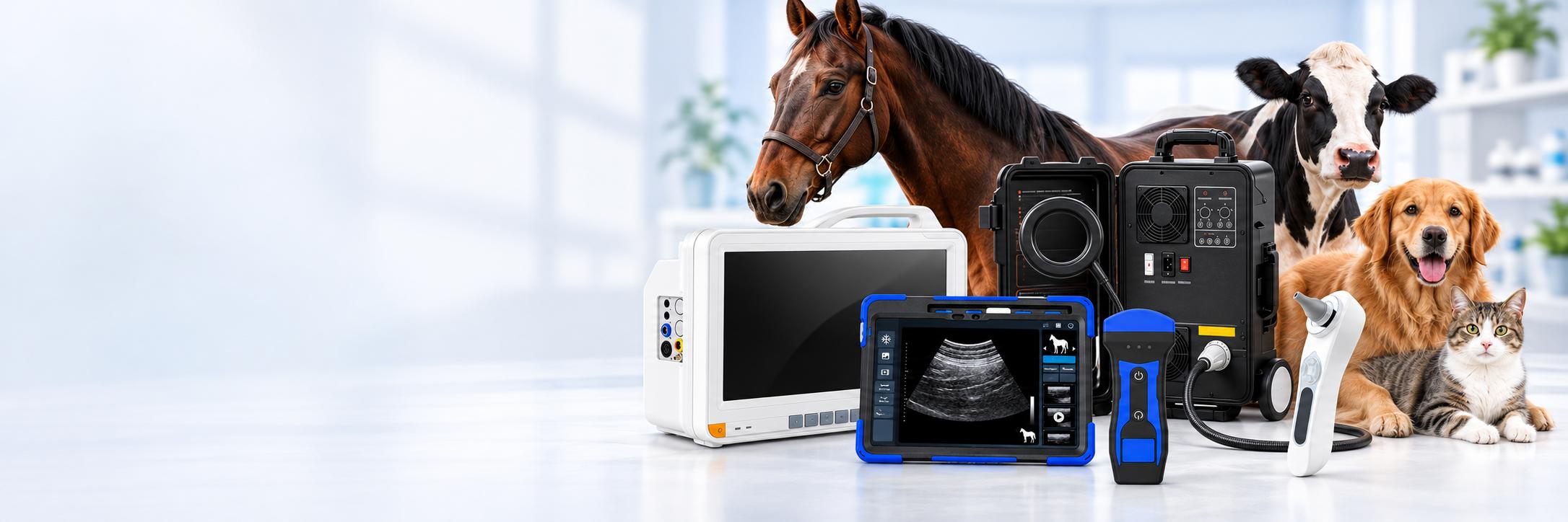Veterinary ultrasound, patient monitor, equine PEMF and pet ear care equipment with horses, cattle, dogs and cats