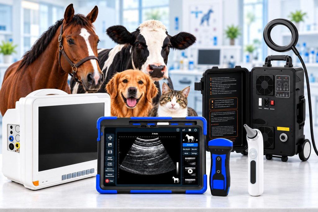 Veterinary ultrasound, patient monitor, PEMF system and upright pet ear care device with a horse, cow, dog and cat.